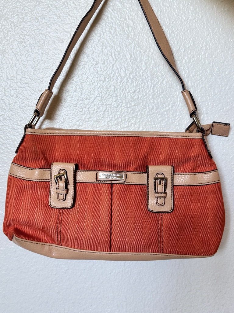 Etienne Aigner Orange Herringbone Shoulder Bag Tan Leather Trim